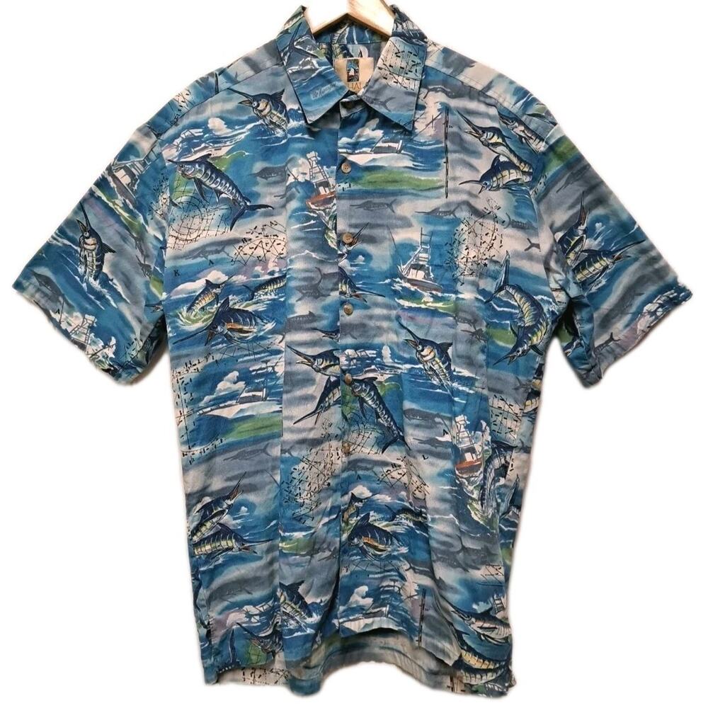 Kahala Hawaiian Shirt Mens Medium M Blue Marlin Sport Fishing Button Up Camp